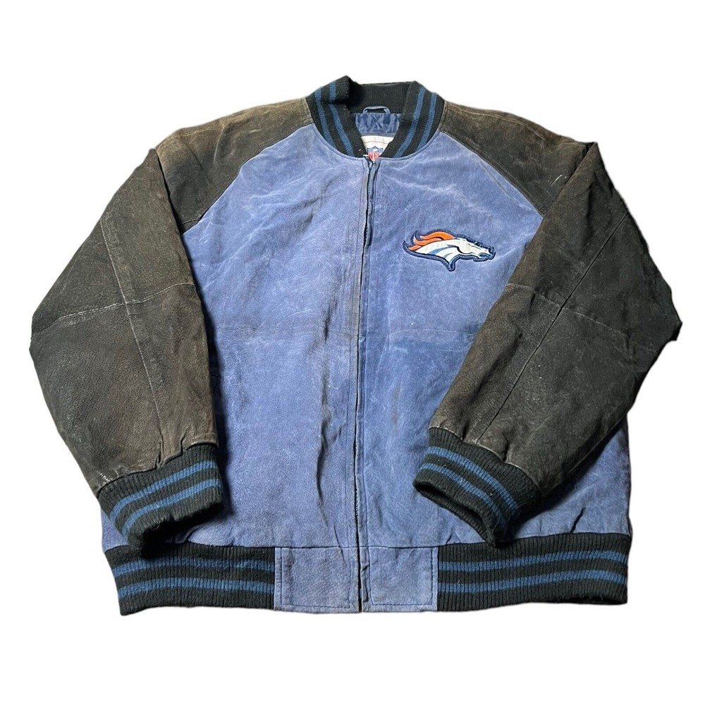 Denver Broncos Blue/Black Vintage NFL Football Leather Jacket Team Coat Men’s L